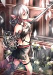  1girl armpits asymmetrical_footwear boots breasts cleavage_cutout fantasy flower hair_ribbon highres key keyblade light light_particles midriff navel neck_ribbon original plant railing red_eyes ribbon ribs saraki short_hair signature silver_hair skirt small_breasts smile solo thigh_strap vines walking 