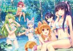  6+girls ;d ahoge animal_ears arched_back bare_legs barefoot bikini blue_bikini blue_eyes bow breasts character_request cleavage elf facial_mark fang feet fox_ears frilled_bikini frills green_hair hair_bobbles hair_bow hair_ornament hair_over_breasts hairband halterneck highres low_twintails medium_breasts multiple_girls navel one_eye_closed open_mouth orange_eyes orange_hair outdoors pink_bikini pointy_ears ponytail purple_hair red_eyes riv seirei_gensouki shading_eyes short_hair sidelocks silver_hair sitting small_breasts smile swimsuit tail twintails violet_eyes wading white_bikini white_swimsuit 