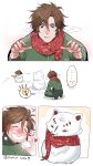  breath brown_eyes brown_hair closed_eyes closed_mouth comic hat heart jacket konnosuke light_bulb light_infantry_(touken_ranbu) looking_down male_focus otegine pants rice_hat scarf silent_comic smile snowman soul_(tamashii) spoken_heart touken_ranbu tousou_(touken_ranbu) track_jacket track_pants track_suit 