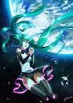  1girl artist_name bare_shoulders black_legwear blue_eyes boots breasts briska cleavage detached_sleeves earth eyebrows_visible_through_hair floating_hair full_body green_hair green_nails hair_between_eyes hands_clasped hatsune_miku long_hair medium_breasts nail_polish open_mouth outer_space solo sparkle thigh-highs thigh_boots twintails very_long_hair vocaloid water_drop 