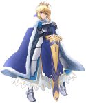  1girl absurdres ahoge armor armored_boots armored_dress avalon_(fate/stay_night) blonde_hair boots cape crown excalibur fate/grand_order fate_(series) fur_trim gauntlets green_eyes highres looking_away saber sheath sheathed shunichi solo standing sword weapon 
