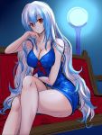  1girl adapted_costume alternate_costume arm_support bare_arms bare_legs blue_hair breasts cleavage colored couch dress head_tilt hijikawa_arashi kamishirasawa_keine large_breasts legs legs_crossed light long_hair long_legs looking_at_viewer multicolored_hair parted_lips red_eyes silver_hair sitting sketch sleeveless solo taut_clothes taut_dress thighs touhou very_long_hair 
