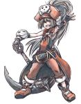  1girl absurdres anchor boots brown_eyes brown_hair culottes fingerless_gloves flat_chest full_body gloves guilty_gear hat high_ponytail highres huge_weapon kamei_(kameikai1) long_hair may_(guilty_gear) orange_hat orange_shirt outstretched_arm pirate_hat shirt skull_and_crossbones smile solo weapon 