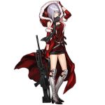  1girl alternate_costume blush boots breasts buckle cape cleavage cleavage_cutout clenched_hands cross-laced_footwear dress eyebrows fingerless_gloves full_body fur-trimmed_cape fur-trimmed_sleeves gift girls_frontline gloves green_eyes grey_hair gun hair_between_eyes hair_over_one_eye high_heel_boots high_heels holding holding_gun holding_weapon hood hoodie infukun iron_cross knee_pads lace-up_boots looking_at_viewer machine_gun mg5 mg5_(girls_frontline) miniskirt personification red_cape red_gloves scarf short_hair short_sleeves skirt solo standing transparent_background weapon 