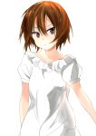  1girl absurdres alternate_costume bangs brown_eyes brown_hair dress hair_between_eyes highres kantai_collection shimishimi_(shimiha8231) short_hair short_sleeves solo wakaba_(kantai_collection) white_background white_dress 