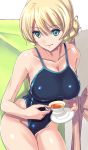  1girl black_tea blonde_hair breasts cleavage collarbone competition_swimsuit cup darjeeling double_bun girls_und_panzer green_eyes highres large_breasts nenchi one-piece_swimsuit saucer sitting solo swimsuit tea teacup 