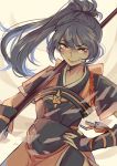  1girl blue_hair commentary_request fire_emblem fire_emblem_if highres japanese_clothes long_hair naginata oboro_(fire_emblem_if) pemu_(greeentii) polearm ponytail red_eyes solo tumblr_sample weapon 