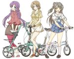  3girls :d aqua_eyes bangs bicycle blue_skirt bow brown_hair brown_shoes commentary_request dark_skin folding_bicycle frilled_skirt frills grey_hair grin ground_vehicle hair_bow high-waist_skirt jewelry jinmaryu kneehighs koizumi_hanayo leggings loafers long_hair looking_at_viewer looking_back love_live! minami_kotori multiple_girls necklace one_side_up open_mouth pink_legwear pink_shoes purple_hair red_shoes sailor_collar scrunchie shoes short_hair short_sleeves simple_background skirt smile sneakers toujou_nozomi twintails violet_eyes white_background white_skirt yellow_eyes 