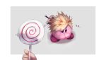  absurdres blonde_hair buster_sword cloud_strife cloud_strife_(cosplay) cosplay crossed_arms crossover final_fantasy final_fantasy_vii hands highres invincible_candy kirby_(series) looking_at_object saliva shiburingaru super_smash_bros. sweat 