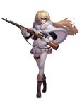  1girl ammunition blonde_hair blue_eyes boots closed_mouth coat coat_lift denim eyebrows full_body fur-trimmed_coat fur-trimmed_sleeves girls_frontline gloves gun hair_lift highres holding holding_gun holding_weapon jacket jeans long_hair looking_to_the_side official_art pants personification pleated_skirt rifle skirt sniper_rifle solo sunglasses svt-38 svt-38_(girls_frontline) track_jacket transparent_background trigger_discipline very_long_hair walking weapon white_gloves white_jacket white_skirt 
