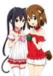  2girls animal_ears babydoll bare_shoulders black_hair breasts brown_eyes brown_hair cat_ears cat_tail cleavage cowboy_shot cup detached_collar dog_ears dog_tail hair_between_eyes hair_ornament hairclip holding holding_cup lace-trimmed_legwear lingerie medium_breasts multiple_girls ragho_no_erika short_hair simple_background smile standing star star_hair_ornament tail teacup thigh-highs twintails underwear white_background white_legwear 