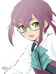  1girl 2016 4suke aqua_bow aqua_bowtie artist_name bangs blush bow bowtie collared_shirt crossed_bangs dated eyebrows_visible_through_hair flat_chest glasses green-framed_eyewear green_eyes hair_between_eyes hair_intakes kantai_collection long_sleeves looking_away looking_to_the_side multicolored_hair okinami_(kantai_collection) open_mouth pink_hair purple_hair purple_vest school_uniform shirt short_hair sidelocks simple_background solo strap upper_body vest white_background white_shirt 