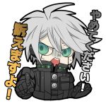  1boy ahoge android dangan_ronpa green_eyes keebo male_focus new_dangan_ronpa_v3 pointing pointing_at_viewer power_armor short_hair silver_hair simple_background solo sweat tankensya upper_body white_background 