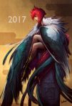  1girl 2017 bird_legs bird_tail brown_background cross egasumi eyelashes eyeliner feathered_wings from_side full_body japanese_clothes legs_crossed makeup monster_girl nengajou new_year original parted_lips profile red_lips redhead senda_satoru sitting solo wings year_of_the_rooster 