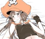  1girl bed_sheet blush breasts brown_eyes brown_hair fingerless_gloves gloves guilty_gear guilty_gear_xrd hat long_hair looking_at_viewer lying may_(guilty_gear) midriff navel on_back orange_hat pirate_hat ponkotsu sailor_collar small_breasts solo sweatdrop 