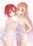  2girls :d back bangs bare_arms bare_shoulders blush braid breasts butt_crack cleavage closed_mouth cowboy_shot cross-laced_clothes crown_braid dress eyelashes hair_between_eyes half_updo hand_holding interlocked_fingers izetta khj lace_trim large_breasts lingerie long_hair looking_at_viewer medium_breasts multiple_girls open_mouth ortfine_fredericka_von_eylstadt panties red_eyes redhead see-through_silhouette shiny shiny_skin short_hair shuumatsu_no_izetta sidelocks small_breasts smile underwear violet_eyes white_background white_dress white_panties yuri 