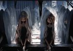 2girls asahiro_(algl) bars black_dress blonde_hair blood blood_stain blue_eyes chains dark dress faucet hood long_hair looking_at_another looking_to_the_side multiple_girls original prison red_eyes robe washing_hands water 