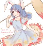  1girl ambiguous_red_liquid animal_ears blue_dress blue_hair blush crescent dated dress frilled_dress frills looking_at_viewer mallet mugicha0929 open_mouth rabbit_ears red_eyes seiran_(touhou) sketch solo stain star touhou twitter_username 