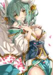  1girl bangs bare_shoulders blush breast_suppress breasts cleavage cowboy_shot eyebrows_visible_through_hair fate/grand_order fate_(series) fingernails green_hair groin hair_between_eyes hand_on_breast heart highres horns japanese_clothes kimono kiyohime_(fate/grand_order) long_hair looking_at_viewer lying medium_breasts messy_hair obi on_back petals sash shino_(eefy) smile solo white_background wide_sleeves yellow_eyes 