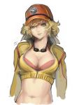  1girl blonde_hair breasts cidney_aurum cleavage cropped_jacket dated dirty_face final_fantasy final_fantasy_xv goggles goggles_around_neck green_eyes hat highres kumiko_shiba light_smile looking_at_viewer navel short_hair simple_background sketch smile solo white_background 