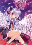  1girl absurdres black_skirt blood choker collarbone eyebrows_visible_through_hair fang full_moon hair_ornament highres holding long_hair looking_at_viewer moon nanamomo_rio one_eye_closed open_mouth original red_eyes silver_hair sitting skirt solo twintails vampire very_long_hair 