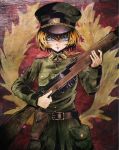  1girl belt blonde_hair blue_eyes gun hat highres holding holding_gun holding_weapon k_ryo looking_at_viewer military military_hat military_uniform short_hair solo tanya_degurechaff uniform weapon youjo_senki 