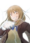 1girl absurdres amaki_shou blonde_hair blue_bow blue_bowtie bow bowtie brown_eyes coat coppelion electricity evil_grin evil_smile grin highres long_hair looking_at_viewer ozu_kanon scarf smile solo sweater_vest upper_body white_background 