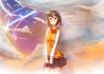  1girl absurdres ahoge artist_request brown_eyes brown_hair clouds cloudy_sky comet commentary_request frown hair_ribbon highres kimi_no_na_wa miyamizu_mitsuha red_ribbon ribbon school_uniform sky twilight 