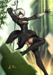  1girl arm_behind_head artist_name black_dress black_legwear blindfold blurry breasts center_opening cleavage depth_of_field dress expressionless holding holding_sword holding_weapon katana knee_up large_breasts mole mole_under_mouth nier nier_automata outdoors outstretched_arm short_hair signature silver_hair solo sword thigh-highs weapon xiaosan_ye yorha_unit_no._2_type_b 