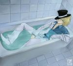  1boy alice?_(are_you_alice?) are_you_alice? artist_request bathing bathroom bathtub blonde_hair blue_eyes blue_shirt formal hat looking_at_viewer male_focus one_eye_closed shirt short_hair sitting solo suit top_hat water wet white_suit 