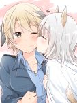  2girls animal_ears blush brave_witches cheek_kiss closed_eyes commentary dog_ears edytha_rossmann eyebrows_visible_through_hair fox_ears fox_tail green_eyes heart highres jacket kiss light_brown_hair looking_at_another military military_uniform multiple_girls open_clothes open_jacket short_hair silver_hair smile tail uniform waltrud_krupinski world_witches_series yasaka_shuu yuri 