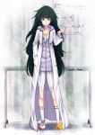  1girl black_hair board equation full_body green_eyes highres hiyajou_maho kneehighs labcoat legs letter long_coat long_hair looking_at_viewer nina_(ninageya) number open_mouth pen pointing shoes slippers smile socks solo standing steins;gate steins;gate_zero whiteboard writing 