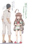  ! 1boy 1girl :d admiral_(kantai_collection) ahoge back backpack bag bandaid bandaid_on_knee bangs bare_arms bare_legs blush_stickers brown_eyes brown_hair buzz_cut canteen cigarette eyebrows_visible_through_hair facial_hair fang flat_chest flip-flops hairy_legs half-closed_eyes hands_in_pockets highres huge_ahoge kantai_collection kuma_(kantai_collection) legs_apart long_hair midriff military military_uniform mouth_hold naval_uniform navel neckerchief open_mouth pants pants_rolled_up red_eyes sailor_collar sandals shadow shiny shiny_hair shoes short_sleeves shorts shoulder_bag simple_background sketch sleeves_rolled_up smile standing stomach stubble tabigarasu translation_request uniform white_background 