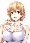  1girl bangs blonde_hair blue_eyes braid breasts cleavage collarbone darjeeling frilled_swimsuit frills girls_und_panzer halterneck highres large_breasts looking_at_viewer one-piece_swimsuit parted_lips portrait shirt short_hair simple_background smile solo swimsuit tied_hair twin_braids white_background white_swimsuit zucchini 
