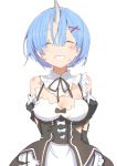  1girl apron arms_behind_back bangs black_bow black_ribbon bow breasts cleavage collar detached_collar detached_sleeves dress facing_viewer frilled_apron frilled_collar frills hair_ornament hair_over_one_eye horn large_breasts maid re:zero_kara_hajimeru_isekai_seikatsu rem_(re:zero) ribbon scratches simple_background smile solo teeth torn_clothes torn_dress upper_body waist_apron white_background x_hair_ornament zzzzxxx2010nian 