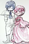  1boy 1girl akujiki_musume_conchita_(vocaloid) apron blue_hair chef chef_uniform chibi choker cloche_(tableware) closed_eyes closed_mouth corset covering_mouth detached_sleeves dress evil_smile evillious_nendaiki flower frilled_dress frills hair_flower hair_ornament hand_on_own_chin holding holding_plate kaito long_dress meiko monochrome nagori neckerchief open_mouth plate red_dress red_eyes redhead scribble serving_dome short_hair size_difference smile traditional_media tray vocaloid waist_apron 