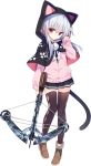1girl animal_hood black_skirt black_thighhighs blue_hair brown_footwear cat_hood cat_tail crossbow full_body hood jacket kidou_senshachiha_tan_x light_blue_hair looking_at_viewer official_art paw_pose pocket shoes skirt solo standing tail thighhighs transparent_background weapon