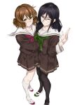  2girls arm_hug black_hair black_legwear blue_eyes brown_hair brown_serafuku brown_skirt female friends from_above glasses green_sailor_collar hair_between_eyes hibike!_euphonium highres hug long_hair looking_at_viewer multiple_girls one_eye_closed oumae_kumiko pantyhose pleated_skirt red-framed_glasses red_sailor_collar sailor_collar school_uniform semi-rimless_glasses serafuku shoes short_hair simple_background skirt smile socks standing tanaka_asuka tears uwabaki waving white_background wink yellow_eyes yoshiki360 yuri 