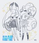  2girls animal_ears blazer bunny_tail chibi copyright_name female full_body girl_a_(i_can_friday_by_day!) girl_b_(i_can_friday_by_day!) hands_on_hips i_can_friday_by_day! jacket japan_animator_expo kneehighs looking_at_another monochrome multiple_girls pleated_skirt quad_tails rabbit_ears sketch skirt smile sparkle spot_color squirrel_ears squirrel_tail tail take_(illustrator) 