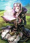  1girl artist_request belt book boots coat female_my_unit_(fire_emblem:_kakusei) fire_emblem fire_emblem:_kakusei fire_emblem_cipher gloves hood hooded_jacket jacket knee_boots long_hair long_sleeves looking_at_viewer magic open_mouth outdoors pants sitting sleeves_past_wrists solo twintails white_hair 