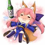  1girl =_= alcohol animal_ears bangs blue_bow blush bottle bow chibi closed_eyes detached_sleeves drooling drunk fate/extra fate_(series) fox_ears fox_tail full-face_blush gradient gradient_background hair_bow highres japanese_clothes long_hair lying on_back outstretched_arms pelvic_curtain pink_background pink_hair purple_legwear sake sake_bottle shoes smile solo star starry_background subaru_(794829485) sweatdrop tail tamamo_(fate)_(all) tamamo_no_mae_(fate) thigh-highs white_background 