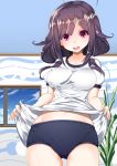  1girl alternate_costume blue_sky breasts buruma gym_uniform highres inu3 kantai_collection long_hair looking_at_viewer low_twintails open_mouth plant purple_hair red_eyes shirt shirt_lift short_sleeves sky solo taigei_(kantai_collection) twintails window 