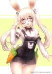  1girl 2016 ahoge animal_ears animal_print artist_name black-framed_eyewear black_ribbon blonde_hair blue_eyes blush bunny_print bunny_tail collared_shirt cowboy_shot english glasses hair_between_eyes hair_ribbon head_tilt highres long_hair long_sleeves number original rabbit_ears ribbon round_glasses shale shirt sidelocks sleeves_past_wrists solo strap_slip suspenders tail thigh_gap twintails watermark white_shirt wing_collar 