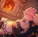  1boy 1girl black_hair black_ribbon blush breasts cleavage detached_sleeves fire fireplace frilled_sleeves frills hair_ornament hair_over_one_eye hair_ribbon heart hug hug_from_behind indoors jacket light_particles long_sleeves maid maid_headdress natsuki_subaru pink_hair purple_ribbon ram_(re:zero) re:zero_kara_hajimeru_isekai_seikatsu red_eyes ribbon ribbon-trimmed_clothes ribbon_trim short_hair sitting sitting_on_lap sitting_on_person small_breasts smile sweatdrop track_jacket underbust white_legwear x_hair_ornament yasuyuki 