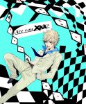  1boy alice?_(are_you_alice?) are_you_alice? artist_request blonde_hair blue_eyes card copyright_name formal hands_in_pockets looking_at_viewer male_focus necktie open_mouth pants short_hair solo text white_pants 