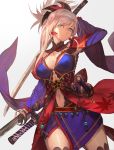  1girl arm_behind_head arm_up blue_eyes breasts fate/grand_order fate_(series) head_tilt highres japanese_clothes katana lack light_smile long_hair looking_at_viewer medium_breasts miyamoto_musashi_(fate/grand_order) pink_hair smile solo sword thighs weapon 