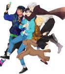  4boys ;d ^_^ animal_print black_hair blonde_hair blue-framed_eyewear brown_eyes cellphone closed_eyes dark_skin dark_skinned_male denim dog eyes_visible_through_hair fingerless_gloves glasses gloves green_eyes grey_eyes hair_over_one_eye hood hoodie hug hug_from_behind itonoko jeans jewelry katsuki_yuuri leopard_print makkachin male_focus multiple_boys one_eye_closed open_mouth pants phichit_chulanont phone ring self_shot shorts silver_hair smartphone smile v viktor_nikiforov yuri!!!_on_ice yuri_plisetsky 