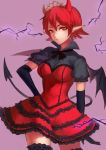  1girl absurdres black_gloves contrapposto demon_girl demon_horns demon_tail demon_wings dress elbow_gloves frilled_dress frills gloves hand_on_hip highres horns kurenai907 lightning looking_at_viewer pointy_ears red_dress red_eyes redhead ribbon-trimmed_legwear ribbon_trim school_girl_strikers short_hair solo tail thigh-highs tiara uragami_akara wings zettai_ryouiki 