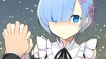  1boy 1girl bangs black_ribbon blue_eyes blue_hair blunt_bangs blush bow detached_sleeves eyebrows_visible_through_hair hair_bow hair_ornament hair_over_one_eye interlocked_fingers looking_at_viewer maid mzrz natsuki_subaru pink_bow re:zero_kara_hajimeru_isekai_seikatsu rem_(re:zero) ribbon short_hair shoulders shy snow snowing upper_body wavy_mouth x_hair_ornament 