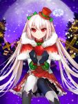  1girl apple bloodline bow christmas dress food fruit gloves hat jewelry lilo_(bloodline) long_hair moon red_eyes red_skirt silver_hair skirt snow snowflakes solo vampire windmill 